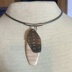 Vintage stamped metal with wood large pendant 16” necklace
